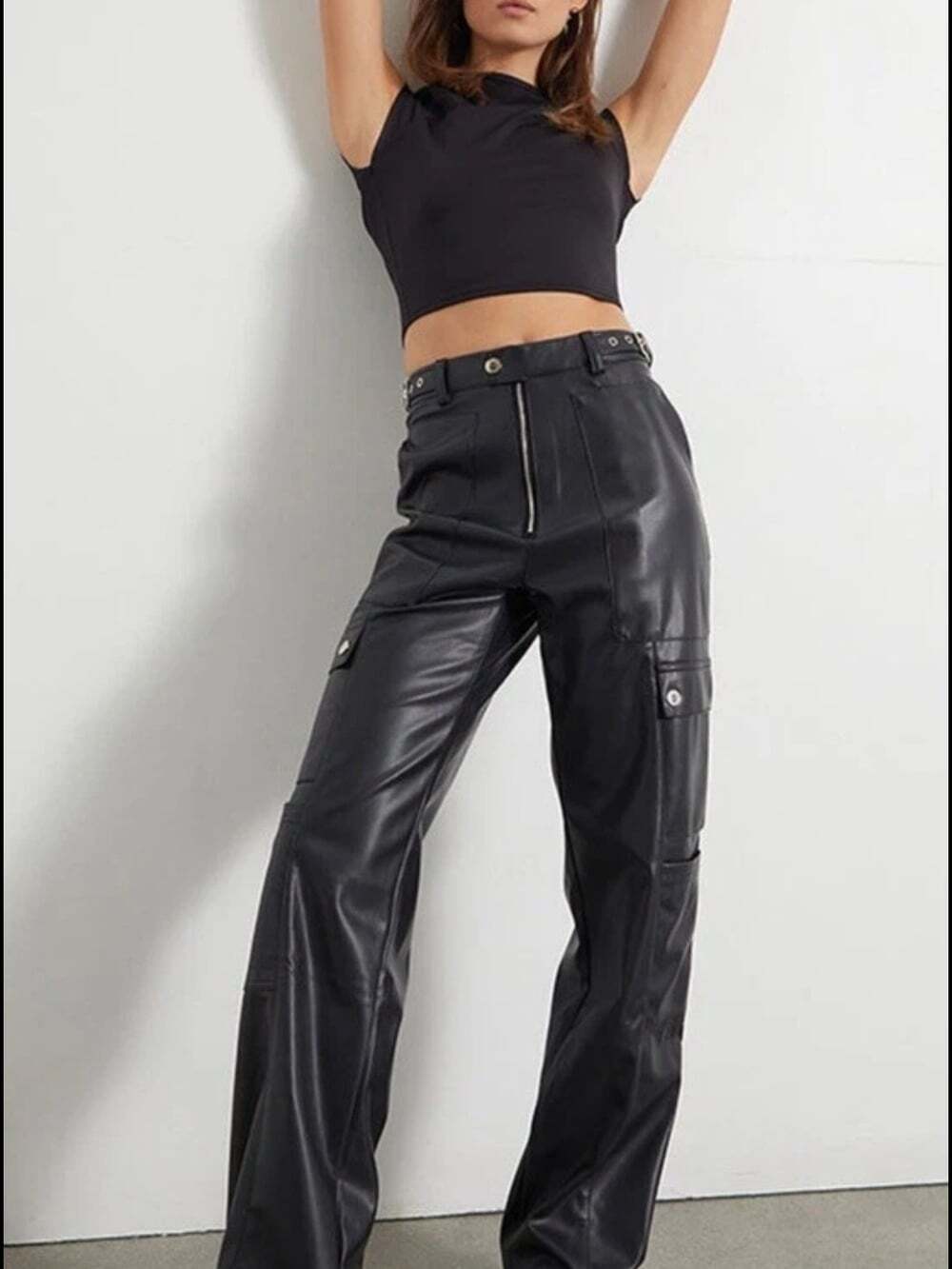 WeWoreWhat Black Faux Leather Cargo Pants Size 26 Moto Utility Buckle Y2K